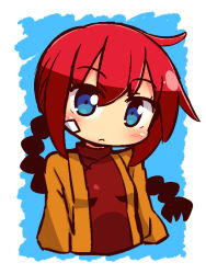 Rule 34 | 1girl, blue background, blue eyes, blush, braid, breasts, brown jacket, closed mouth, cropped torso, etrian odyssey, hair between eyes, head tilt, jacket, long hair, monk (sekaiju), naga u, open clothes, open jacket, red hair, red shirt, sekaiju no meikyuu, sekaiju no meikyuu 3, shirt, sidelocks, single braid, small breasts, solo, two-tone background, very long hair, white background