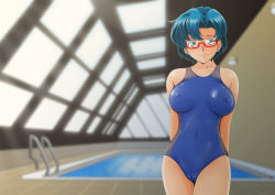 Rule 34 | 1girl, arms behind back, backlighting, bishoujo senshi sailor moon, blue eyes, blue hair, blue one-piece swimsuit, blush, breasts, breasts apart, cameltoe, closed mouth, collarbone, competition swimsuit, covered navel, cowboy shot, dutch angle, earrings, covered erect nipples, formal, glasses, jewelry, large breasts, looking at viewer, mizuno ami, nanashi noiji, one-piece swimsuit, red-framed eyewear, rei no pool, semi-rimless eyewear, short hair, smile, solo, standing, suit, swimsuit, tareme