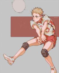 Rule 34 | 1boy, ball, blonde hair, brown hair, grey background, haikyuu!!, highres, looking away, male focus, simple background, solo, sportswear, standing, twitter username, volleyball, volleyball (object), volleyball uniform, wsr cao rong rong, yaku morisuke