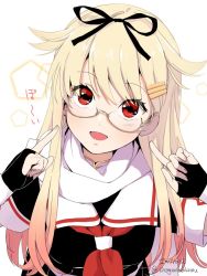 Rule 34 | 10s, 1girl, bespectacled, blonde hair, chagen kokimu, commentary request, fingerless gloves, glasses, gloves, hair flaps, hair ornament, hair ribbon, hairclip, kantai collection, long hair, looking at viewer, neckerchief, open mouth, red eyes, red neckerchief, ribbon, sailor collar, scarf, solo, twitter username, white background, yuudachi (kancolle), yuudachi kai ni (kancolle)