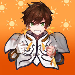 Rule 34 | 10s, 1boy, :d, asymmetrical gloves, brown hair, clenched hands, cropped torso, feather hair ornament, feathers, gloves, green eyes, hair ornament, juexing (moemoe3345), looking at viewer, male focus, open mouth, orange background, orange feathers, smile, solo, sorey (tales), tales of (series), tales of zestiria, uneven gloves, white gloves