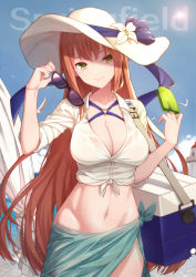 Rule 34 | 1girl, absurdres, beach, bikini, bird, blue sky, blush, breasts, brown hair, character name, chinese commentary, cleavage, closed mouth, cloud, commentary request, cooler, cowboy shot, day, unworn eyewear, food, front-tie top, girls&#039; frontline, gluteal fold, green eyes, groin, hair between eyes, hat, head tilt, highres, holding, holding removed eyewear, holding food, large breasts, light particles, lighthouse, long hair, looking at viewer, navel, no panties, ocean, official alternate costume, outdoors, popsicle, revision, ribbon, sand, sarong, see-through, shirt, sidelocks, skindentation, sky, smile, solo, springfield (girls&#039; frontline), springfield (stirring mermaid) (girls&#039; frontline), stomach, summer, sun hat, swimsuit, thighs, tied shirt, very long hair, weapon bag, white shirt, wind, wind lift, yan mian