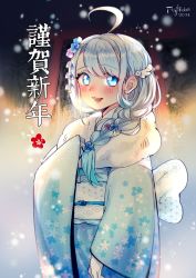 Rule 34 | 1girl, 2021, ahoge, alternate hairstyle, amatsuka uto, angel wings, artist name, blue hair, blue kimono, blush, braid, colored tips, dress, fflyfish777, floral print, flower, fur-trimmed kimono, fur trim, furisode, hair ornament, hairclip, highres, indie virtual youtuber, japanese clothes, kimono, long sleeves, looking at viewer, multicolored hair, new year, night, night sky, obi, open mouth, ribbon, sash, signature, single braid, sky, sleeves past wrists, snow, snowing, solo, solo focus, teeth, virtual youtuber, wings
