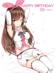 Rule 34 | 1girl, ;), arms up, blue eyes, bow, breasts, brown hair, character name, elbow gloves, gloves, hair bow, happy birthday, highres, kizuna ai, kizuna ai inc., legs together, long hair, medium breasts, midriff, miniskirt, multicolored hair, navel, one eye closed, pencil skirt, pink bow, pink hair, sailor collar, silver (chenwen), sitting, skirt, sleeveless, smile, solo, streaked hair, thighhighs, thighs, virtual youtuber, white skirt, white thighhighs