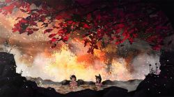 Rule 34 | 2girls, animal ears, autumn leaves, backlighting, bathing, black hair, blunt bangs, breasts, cleavage, collarbone, commentary request, highres, horns, looking to the side, medium breasts, multiple girls, nude, oni horns, onsen, original, outdoors, partially submerged, rock, scenery, short hair, someya mai, steam, tree, water