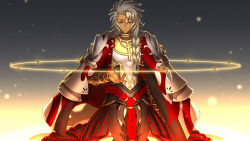 Rule 34 | 1boy, arm tattoo, armlet, armor, asymmetrical bangs, bangle, blurry, bracelet, braid, cape, circle, closed mouth, commentary request, cowboy shot, dark-skinned male, dark skin, eyes visible through hair, fate/grand order, fate (series), faulds, floating, floating object, glowing, grey hair, hair rings, highres, jewelry, kotera ryou, light, light particles, long hair, looking down, male focus, neck ring, o-ring, outstretched hand, pixiv fate/grand order contest 2, red cape, red ribbon, ribbon, ring, robe, rope, side braid, sidelocks, single braid, smile, solo, solomon (fate), tassel, tattoo, very long hair, yellow eyes