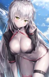 Rule 34 | 1girl, ale nqki, bikini, bird, black bikini, black jacket, blue sky, blush, breasts, choker, cleavage, closed mouth, collarbone, cropped jacket, day, fate/grand order, fate (series), hair between eyes, hand in own hair, hip focus, jacket, jeanne d&#039;arc alter (swimsuit berserker) (fate), jeanne d&#039;arc (fate), jeanne d&#039;arc alter (fate), jeanne d&#039;arc alter (swimsuit berserker) (fate), large breasts, leaning forward, long hair, looking at viewer, navel, o-ring, pale skin, palm tree, shrug (clothing), sky, solo, sunlight, swimsuit, thigh strap, thighs, tree, very long hair, yellow eyes