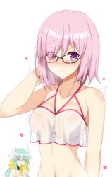 Rule 34 | 2girls, ^ ^, arm behind head, bare arms, bare shoulders, bikini, black-framed eyewear, blush, bow, breasts, closed eyes, closed mouth, collarbone, commentary request, dragon horns, eyes visible through hair, fate/grand order, fate (series), glasses, green hair, hair between eyes, hair bow, hair over one eye, halterneck, hand up, heart, holding, horns, iseshi, kiyohime (fate), kiyohime (fate/grand order), kiyohime (swimsuit lancer) (fate), kiyohime (swimsuit lancer) (first ascension) (fate), mash kyrielight, mash kyrielight (swimsuit of perpetual summer ver.02), medium breasts, multiple girls, navel, nose blush, official alternate costume, pink hair, purple eyes, see-through, shaded face, simple background, smile, solo focus, swimsuit, white background, white bikini, yellow bikini, yellow bow