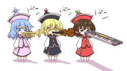 Rule 34 | 3girls, black dress, black headwear, blonde hair, blue eyes, blue hair, blush stickers, brown eyes, brown hair, chibi, commentary request, crescent, crescent hat ornament, dress, hat, hat ornament, highres, instrument, keyboard (instrument), lunasa prismriver, lyrica prismriver, medium hair, merlin prismriver, multiple girls, music, pink dress, pink headwear, playing instrument, puffy sleeves, red dress, red headwear, shadow, shitacemayo, short hair, siblings, simple background, sisters, star (symbol), star hat ornament, touhou, trumpet, violin, white background, yellow eyes