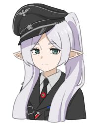 Rule 34 | 1girl, black cat03, black hat, black jacket, black necktie, closed mouth, collared shirt, elf, expressionless, frieren, green eyes, grey hair, hat, jacket, long hair, nazi, nazi party pin, necktie, peaked cap, pointy ears, shirt, simple background, skull pin, solo, sousou no frieren, swastika, white background