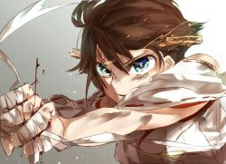 Rule 34 | 10s, 1girl, bandages, blood, blood on face, blue eyes, brown hair, hairband, hiei (kancolle), kantai collection, miwano rag, nontraditional miko, ragu (myan nyan), short hair, solo