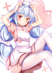 Rule 34 | 1girl, :o, ahoge, apron, arms up, azur lane, blue hair, blush, cross, dress, hat, heart, heterochromia, highres, knee up, long hair, looking at viewer, low twintails, mole, mole under eye, nicholas (azur lane), nicholas (nurse nicholas) (azur lane), nurse cap, pantyhose, parted lips, pink dress, puffy short sleeves, puffy sleeves, red eyes, short sleeves, sitting, solo, twintails, very long hair, white apron, white background, white pantyhose, wing collar, wrist cuffs, yellow eyes, yuano