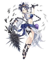 Rule 34 | 1girl, asymmetrical clothes, black hair, bow, breasts, earrings, flail, full body, hair between eyes, jewelry, ji no, kaguya (sinoalice), large breasts, looking at viewer, nail polish, official art, platform footwear, revealing clothes, sinoalice, skull, solo, transparent background, waist bow, weapon