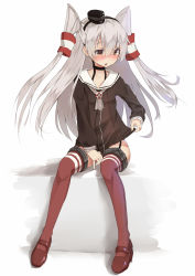 Rule 34 | 10s, 1girl, amatsukaze (kancolle), blush, brown eyes, choker, collarbone, dress, full body, garter straps, hair tubes, hand on own thigh, headgear, highres, kantai collection, kentia, kentllaall, long hair, neckerchief, open mouth, red footwear, red thighhighs, sailor collar, sailor dress, shoes, silver hair, simple background, sitting, solo, striped clothes, striped thighhighs, thighhighs, two side up, white background