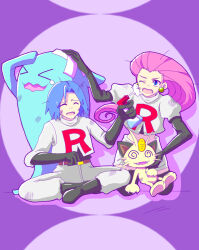 Rule 34 | 1boy, 1girl, blue eyes, blue hair, boots, creatures (company), crossed legs, game freak, gen 1 pokemon, gen 2 pokemon, gloves, injury, james (pokemon), jessie (pokemon), meowth, nintendo, on floor, open mouth, pink hair, pokemon, pokemon (anime), pokemon (classic anime), pokemon (creature), purple background, rai (fortunecookie), team rocket, team rocket uniform, teardrop, wobbuffet, worried