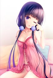 Rule 34 | 1girl, bad id, bad twitter id, black hair, blend s, blush, breasts, cleavage, collarbone, hair over shoulder, highres, lingerie, long hair, looking at viewer, low twintails, negligee, one eye closed, open mouth, panties, pasdar, pink panties, purple eyes, rubbing eyes, sakuranomiya maika, sitting, small breasts, solo, strap slip, twintails, underwear, underwear only, very long hair