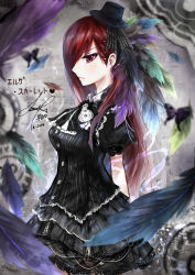 Rule 34 | 10s, 1girl, 2014, absurdres, breasts, bug, butterfly, erza scarlet, fairy tail, feathers, gothic lolita, hair over eyes, hat, highres, insect, lolita fashion, long hair, md5 mismatch, red eyes, red hair, resolution mismatch, sanae (jomill04), solo, source smaller