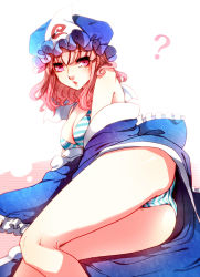 Rule 34 | 1girl, ?, ass, bad id, bad pixiv id, blue dress, bra, dress, female focus, fusuma (not found), hat, highres, lingerie, lying, off shoulder, on side, open clothes, open dress, open mouth, panties, pink eyes, pink hair, saigyouji yuyuko, solo, striped bra, striped clothes, striped panties, touhou, underwear, veil
