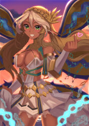 Rule 34 | 1girl, andromeda (fate), andromeda (first ascension) (fate), armlet, bare shoulders, belly chain, blonde hair, blush, braid, breasts, chain, cleavage, collar, crown braid, cuffs, dark-skinned female, dark skin, detached sleeves, dress, fate/grand order, fate (series), gold teeth, gradient sky, green eyes, grin, hair ornament, heart, highres, jaws, jewelry, large breasts, long hair, looking at viewer, low twintails, metal collar, multicolored hair, narukamikagerou, orange sky, purple sky, shackles, short dress, sidelocks, sky, smile, solo, thighs, twilight, twintails, two-tone hair, white dress, white hair