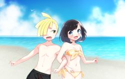 Rule 34 | 1boy, 1girl, bad id, bad pixiv id, beach, bikini, black hair, blonde hair, blue sky, breasts, cloud, cloudy sky, cowboy shot, creatures (company), day, game freak, gladion (pokemon), hair over one eye, highres, locked arms, looking at another, looking at viewer, medium hair, nintendo, ocean, outdoors, pokemon, pokemon sm, sand, selene (pokemon), sky, small breasts, standing, strapless, strapless bikini, swimsuit, topless male, yellow bikini, yuihico