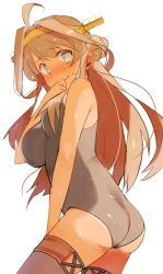 Rule 34 | 10s, 1girl, ahoge, ass, bare shoulders, blush, breasts, covering own mouth, covering privates, cowboy shot, cross-laced clothes, cross-laced legwear, double bun, embarrassed, female focus, from side, grey eyes, grey hair, grey one-piece swimsuit, grey thighhighs, hair bun, hair rings, hairband, headgear, kantai collection, kongou (kancolle), large breasts, light smile, long hair, looking at viewer, looking back, nose blush, one-piece swimsuit, raised eyebrows, school swimsuit, senbei (senbe i), simple background, smile, solo, swimsuit, tan, tanline, thighhighs, white background