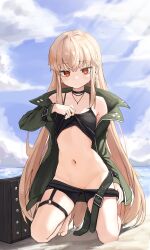 Rule 34 | 1girl, absurdres, auuufox, black choker, black shorts, blonde hair, breasts, choker, clothes lift, clothes pull, cloud, cross, cross earrings, day, earrings, female focus, full body, girls&#039; frontline, green jacket, highres, jacket, jewelry, kneeling, long hair, long sleeves, looking at viewer, necklace, no panties, o-ring, o-ring thigh strap, open clothes, open jacket, outdoors, red eyes, ring, sand, shorts, sidelocks, sky, small breasts, solo, thigh strap, type 80 (girls&#039; frontline), very long hair