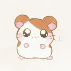 Rule 34 | :3, ayu (mog), blush, chibi, closed mouth, commentary request, full body, hamster, hamtaro, hamtaro (series), looking at viewer, no humans, pink background, simple background, solo, standing, whiskers
