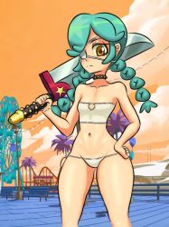 Rule 34 | 1girl, 4m4y0r1, annie (skullgirls), bench, boardwalk, braid, breasts, collar, dildo, eyepatch, ferris wheel, green hair, hand on own hip, holding, holding sword, holding weapon, lamppost, navel, palm tree, panties, pier, sex toy, skullgirls, small breasts, solo, spiked collar, spikes, strapless, sword, tree, tube top, twin braids, underwear, weapon, yellow eyes