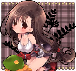 Rule 34 | 1990s (style), 1girl, blush, breasts, brown eyes, brown hair, chibi, earrings, final fantasy, final fantasy vii, gloves, jewelry, kotoji, large breasts, long hair, low-tied long hair, miniskirt, pencil skirt, red eyes, retro artstyle, shirt, skirt, solo, taut clothes, taut shirt, thighs, tifa lockhart, tonberry, very long hair