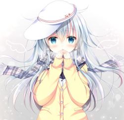 Rule 34 | 1girl, black sailor collar, blue eyes, blue hair, blush, breath, breathing on hands, cardigan, commentary request, flat cap, fringe trim, gradient hair, hair between eyes, hammer and sickle, hands up, hat, hibiki (kancolle), kantai collection, long hair, long sleeves, looking at viewer, multicolored hair, parted lips, plaid, plaid scarf, purple scarf, sailor collar, scarf, school uniform, serafuku, shirogane hina, shirt, sideways hat, silver hair, sleeves past wrists, solo, star (symbol), upper body, verniy (kancolle), very long hair, white hat, white shirt, yellow cardigan