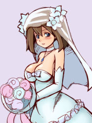 Rule 34 | 1girl, blue eyes, blush, bouquet, breasts, bridal veil, brown hair, creatures (company), detached sleeves, dress, flower, game freak, jewelry, large breasts, may (pokemon), necklace, nintendo, pokemon, short hair, smile, solo, tsumitani daisuke, veil, wedding dress