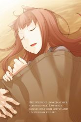 Rule 34 | 1girl, animal ears, ayakura juu, brown hair, character name, closed eyes, from above, holo, long hair, lying, novel illustration, official art, on side, open mouth, sleeping, spice and wolf, upper body, wolf ears