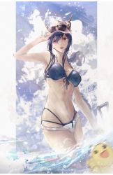 Rule 34 | 1girl, absurdres, arknights, arm up, armpits, bare shoulders, baseball cap, bikini, black bikini, blue sky, border, breasts, ch&#039;en (arknights), ch&#039;en the holungday (arknights), ch&#039;en the holungday (elite ii) (arknights), cleavage, cloud, collarbone, cowboy shot, day, fuyukono, gun, hand on headwear, hat, highres, holding, holding gun, holding weapon, horns, horns through headwear, large breasts, light rays, long hair, looking away, looking to the side, navel, official alternate costume, official alternate hairstyle, open mouth, outdoors, outside border, ponytail, red eyes, rubber duck, short shorts, shorts, sidelocks, sky, solo, stomach, sunbeam, sunlight, swimsuit, v-shaped eyebrows, wading, water, weapon, white border, white hat, white shorts