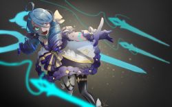Rule 34 | 1girl, black thighhighs, blue hair, dress, drill hair, gloves, gradient background, grey background, gwen (league of legends), highres, league of legends, long hair, multicolored eyes, pink thighhighs, ribbon, scissors, solo, thighhighs