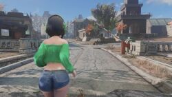 Rule 34 | 3d, animated, ass, black hair, breasts, cleavage, crop top, denim, denim shorts, fallout (series), fallout 4, green eyes, kyoumachi seika, large breasts, running, short hair, short shorts, shorts, sound, tagme, thick thighs, thighs, video, voiceroid