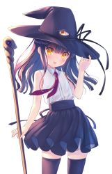 Rule 34 | 1girl, :p, black hair, black ribbon, black skirt, black thighhighs, blush, collared vest, commentary request, cowboy shot, extra eyes, flat chest, hair between eyes, hand on headwear, hand up, hat, hat ribbon, highres, holding, holding staff, long hair, looking at viewer, mage staff, na-ga, necktie, original, red necktie, ribbon, sidelocks, simple background, skindentation, skirt, solo, staff, standing, thighhighs, third eye, tongue, tongue out, vest, white background, white vest, witch hat, yellow eyes, zettai ryouiki
