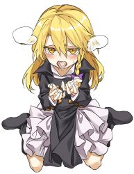 Rule 34 | 1girl, bad id, bad pixiv id, blonde hair, blush, bow, braid, full body, hair between eyes, hair bow, highres, kirisame marisa, long hair, long sleeves, looking at viewer, manarou, no headwear, open mouth, purple bow, side braid, simple background, single braid, sitting, solo, suggestive fluid, tears, tongue, tongue out, touhou, wariza, white background, yellow eyes
