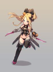 Rule 34 | 1girl, abigail williams (fate), bandaged arm, bandages, bare shoulders, black bow, black footwear, black gloves, black panties, black shirt, black thighhighs, blonde hair, blue eyes, blush, boots, bow, brown background, closed mouth, cosplay, dagger, dual wielding, fate/apocrypha, fate/grand order, fate (series), fingerless gloves, full body, gloves, gradient background, grey background, hair between eyes, high ponytail, holding, holding dagger, holding knife, holding weapon, jack the ripper (fate/apocrypha), jack the ripper (fate/apocrypha) (cosplay), knife, long hair, looking at viewer, miya (miyaruta), navel, orange bow, panties, parted bangs, ponytail, shadow, sheath, shirt, shoulder tattoo, sidelocks, single glove, sleeveless, sleeveless shirt, solo, standing, standing on one leg, tattoo, thigh boots, thighhighs, underwear, unsheathed, v-shaped eyebrows, very long hair, weapon