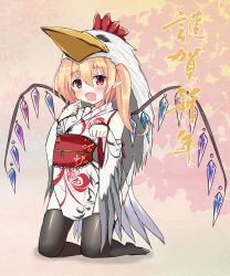 Rule 34 | 1girl, alternate costume, black thighhighs, blonde hair, detached sleeves, fang, flandre scarlet, full body, hair between eyes, hand up, japanese clothes, kanitama, kimono, kneeling, obi, open mouth, pointing, pointing at self, pointy ears, red eyes, rooster costume, sash, solo, thighhighs, touhou, white kimono, wings