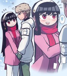 Rule 34 | 1boy, 1girl, absurdres, black hair, blonde hair, blue eyes, cowboy shot, dot nose, eye contact, green pants, grey eyes, highres, holding hands, jacket, looking at another, pants, pink jacket, red eyes, red scarf, scarf, size difference, smile, spy x family, tony welt, twilight (spy x family), white jacket, white pants, yor briar