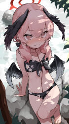 Rule 34 | 1girl, @ @, absurdres, bare arms, bare legs, bare shoulders, barefoot, bikini, black bikini, black wings, blue archive, blush, closed mouth, collarbone, commentary, feathered wings, flat chest, floral print, hair over shoulder, halo, head wings, highres, koharu (blue archive), koharu (swimsuit) (blue archive), long hair, looking at viewer, low twintails, low wings, navel, nose blush, official alternate costume, pink eyes, pink hair, print bikini, solo, stomach, swimsuit, twintails, water, wings, yamamoto souichirou