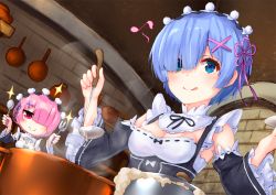 Rule 34 | 10s, :q, blue eyes, blue hair, blush, breasts, brick wall, closed mouth, commentary request, cooking, detached sleeves, dutch angle, fork, frying pan, hair ornament, hair over one eye, holding, holding fork, holding knife, indoors, kitchen, knife, ladle, maid, maid headdress, medium breasts, musical note, pensuke, pink eyes, pink hair, pot, quaver, ram (re:zero), re:zero kara hajimeru isekai seikatsu, rem (re:zero), ribbon-trimmed sleeves, ribbon trim, shelf, short hair, siblings, sisters, smile, sparkle, steam, tongue, tongue out, twins, x hair ornament