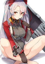 Rule 34 | 1girl, azur lane, bare legs, barefoot, black gloves, black panties, blush, breasts, bright pupils, buttons, cross, crossed ankles, double-breasted, finger to mouth, gloves, hand on own foot, headgear, iron cross, large breasts, long hair, long sleeves, luse maonang, machinery, medium breasts, military, military uniform, mole, mole on breast, multicolored hair, no bra, no pants, panties, prinz eugen (azur lane), red eyes, sideboob, silver hair, simple background, sitting, solo, streaked hair, underwear, uniform, very long hair, white background