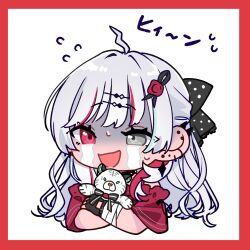 Rule 34 | 1girl, ahoge, black bow, black gloves, blush, border, bow, chibi, commentary request, crying, crying with eyes open, ear piercing, earrings, fingerless gloves, gloom (expression), gloves, grey eyes, hair bow, heterochromia, highres, hugging object, ishigami nozomi, jewelry, kashikaze, long hair, looking at viewer, multicolored hair, nijisanji, open mouth, piercing, red border, red eyes, red hair, solo, streaked hair, tears, virtual youtuber, white background, white hair
