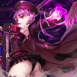 Rule 34 | 1girl, armpits, ass, bare shoulders, belt, black coat, black hat, black panties, black skirt, black thighhighs, breasts, closed mouth, coat, cowboy shot, fate/grand order, fate (series), frills, from behind, hat, helena blavatsky (fate), helena blavatsky (third ascension) (fate), highres, microskirt, panties, pantyshot, purple eyes, purple hair, short hair, skirt, small breasts, smile, solo, standing, sue sgr u, thighhighs, twisted torso, underwear