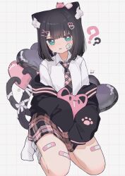 Rule 34 | 1girl, ?, ??, absurdres, animal ear fluff, animal ears, balloon, bandage on face, bandaged ear, bandages, bandaid, bandaid on leg, black hair, blue eyes, bob cut, cat ears, cat girl, cat tail, crying, crying with eyes open, full body, grid background, hair ornament, heart, heart balloon, heart hair ornament, highres, holding, holding stuffed toy, jacket, kneeling, looking at viewer, necktie, open clothes, open jacket, open mouth, oreoreoreo, original, paw print, plaid, plaid skirt, skirt, sleeves past fingers, sleeves past wrists, socks, solo, stuffed toy, tail, tears, white background, white socks, x hair ornament