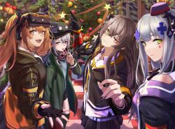 Rule 34 | 3 small spiders, 4girls, absurdres, black gloves, black jacket, black shorts, black skirt, blue hair, blush, bow, box, brown eyes, brown hair, candy, christmas ornaments, christmas tree, closed mouth, expressionless, fingerless gloves, floor, food, g11 (girls&#039; frontline), german flag, gift, gift box, girls&#039; frontline, gloves, green eyes, green headwear, green jacket, grey eyes, hair between eyes, hair bow, hair ornament, hair ribbon, hairclip, hat, headset, highres, hk416 (girls&#039; frontline), hk416 (mod3) (girls&#039; frontline), holding, holding candy, holding food, hood, hooded jacket, index finger raised, jacket, long hair, looking at viewer, mechanical arms, mini hat, multiple girls, official alternate costume, one eye closed, open clothes, open jacket, open mouth, ribbon, scar, scar across eye, scar on face, scarf, shirt, shorts, single mechanical arm, skirt, smile, tactical clothes, teeth, twintails, ump45 (girls&#039; frontline), ump45 (mod3) (girls&#039; frontline), ump9 (girls&#039; frontline), ump9 (mod3) (girls&#039; frontline), upper body, upper teeth only, uwu, white shirt