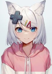 Rule 34 | 1girl, alternate hair length, alternate hairstyle, animal ear fluff, animal ears, blue eyes, blush, closed mouth, d-pad, d-pad hair ornament, grey background, hair ornament, hairclip, highres, hood, hoodie, illian-san, looking at viewer, meridian project, mizuki (vtuber), pink hoodie, short hair, simple background, smile, solo, split mouth, upper body, virtual youtuber