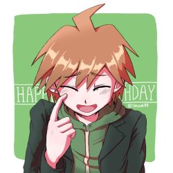 Rule 34 | 1boy, :d, ahoge, artist name, black jacket, blush, brown hair, closed eyes, commentary request, danganronpa: trigger happy havoc, danganronpa (series), facing viewer, green background, green hoodie, hand up, happy, happy birthday, highres, hood, hood down, hoodie, index finger raised, jacket, long sleeves, male focus, naegi makoto, open clothes, open jacket, open mouth, scratching cheek, short hair, simple background, smile, solo, tansug (tansuk88), upper body, white background
