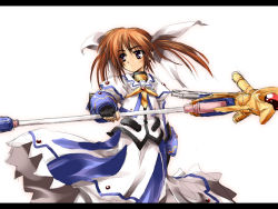 Rule 34 | 10s, 1girl, blue eyes, brown hair, delusion overdose, dress, fingerless gloves, gloves, letterboxed, long sleeves, looking to the side, lyrical nanoha, magical girl, mahou shoujo lyrical nanoha, mahou shoujo lyrical nanoha movie, mahou shoujo lyrical nanoha the movie 1st, matsuno canel, raising heart, raising heart (device mode) (1st), rod, simple background, solo, staff, takamachi nanoha, takamachi nanoha (movie 1st mode), twintails, white background, white dress